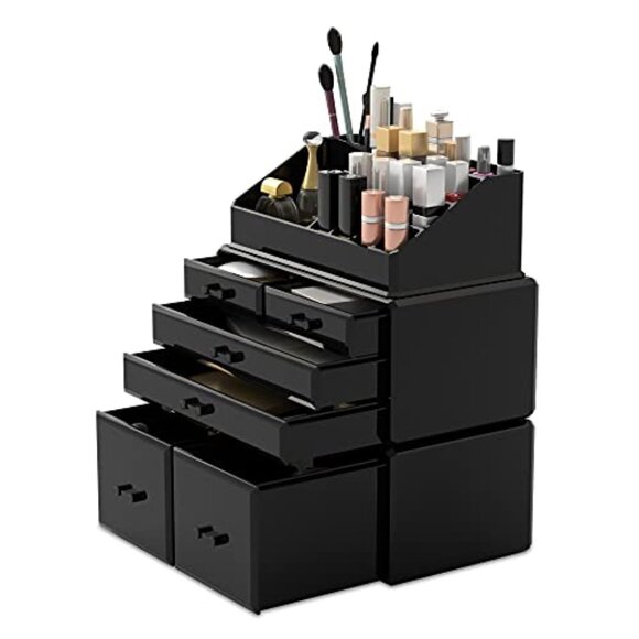 Makeup Organizer 3 Pieces Cosmetic Storage‎ Case with 6 Drawers (Black)